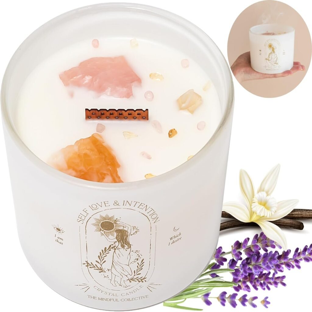 Crystal Candle for Women - 12oz Aromatherapy Candles with Crystals and Healing Stones. Lavender Soy Wax Candle, Spiritual Candles. Wood Wick Candles That Crackle, Get Well Spiritual Gifts for Women