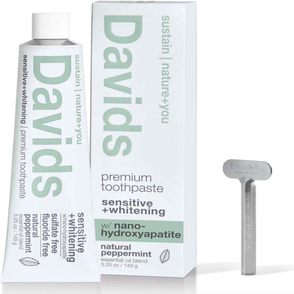 Davids Fluoride Free Nano Hydroxyapatite Toothpaste for Remineralizing Enamel  Sensitive Relief, Whitening, Antiplaque, SLS Free, Natural Peppermint, 5.25oz, Made in USA