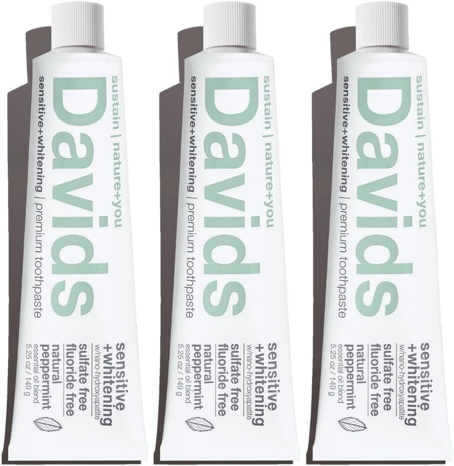 Davids Fluoride Free Nano Hydroxyapatite Toothpaste for Remineralizing Enamel  Sensitive Relief, Whitening, Antiplaque, SLS Free, Natural Peppermint, 5.25oz, Made in USA