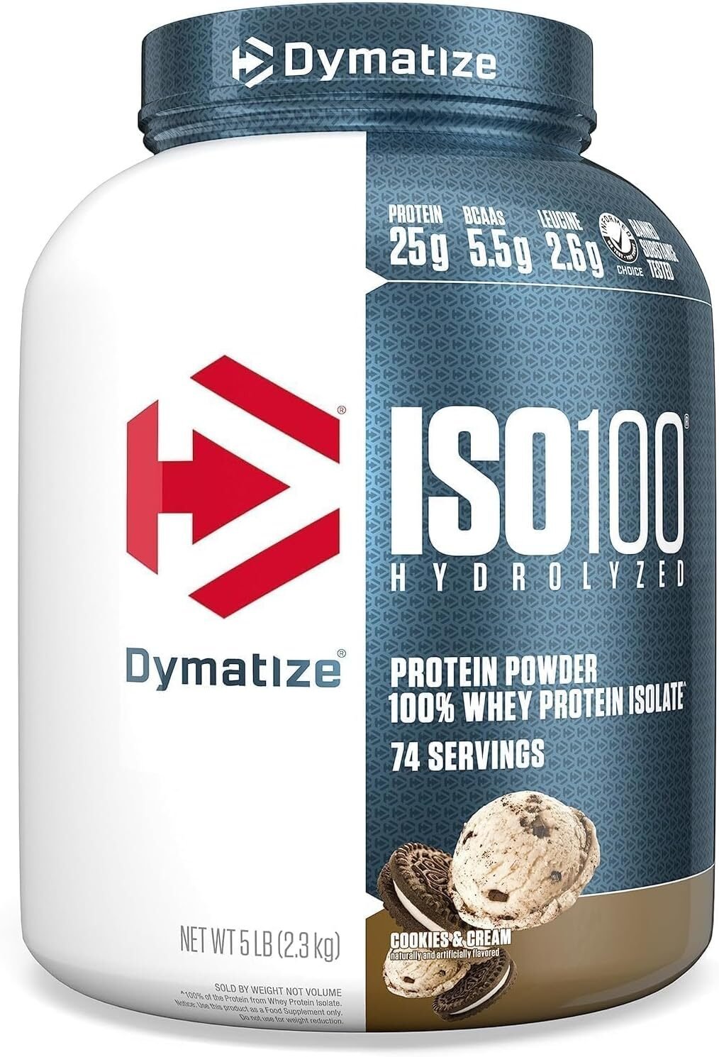 Dymatize ISO100 Hydrolyzed Protein Powder, 100% Whey Isolate Protein, 25g of Protein, 5.5g BCAAs, Gluten Free, Fast Absorbing, Easy Digesting, Cookies and Cream, 5 Pound