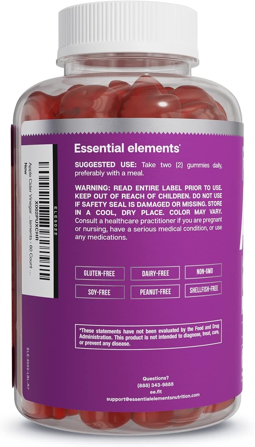 Essential Elements Apple Cider Vinegar Gummies from The Mother - Naturally-Sourced, Vegan ACV with Folic Acid and Vitamin B6  B12 60 Count