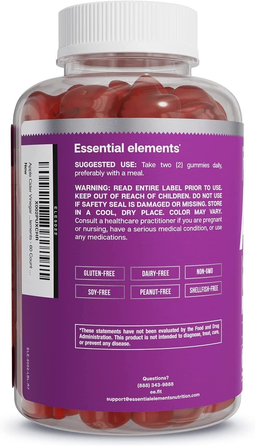 Essential Elements Apple Cider Vinegar Gummies from The Mother - Naturally-Sourced, Vegan ACV with Folic Acid and Vitamin B6  B12 60 Count