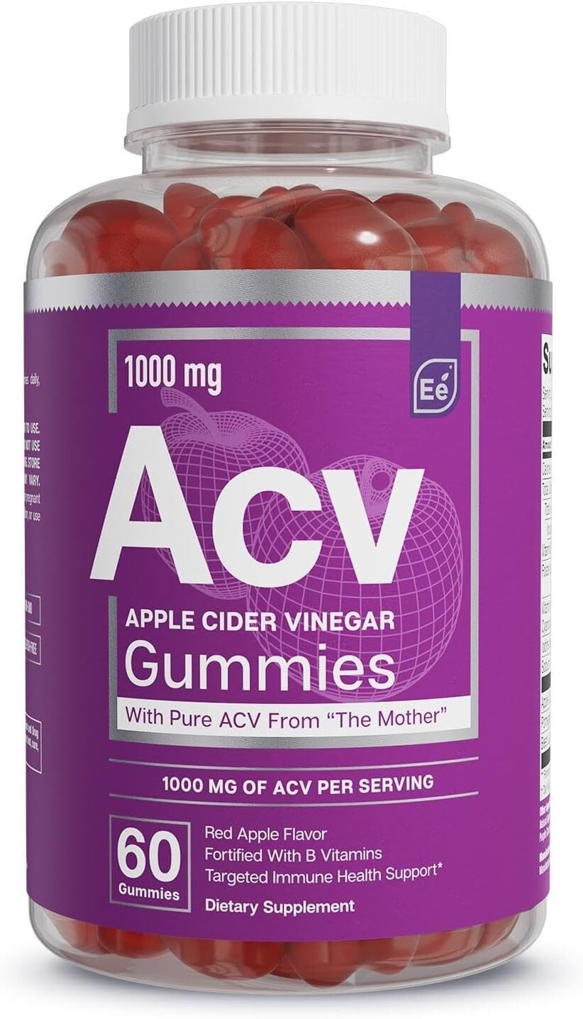 Essential Elements Apple Cider Vinegar Gummies from The Mother - Naturally-Sourced, Vegan ACV with Folic Acid and Vitamin B6  B12 60 Count