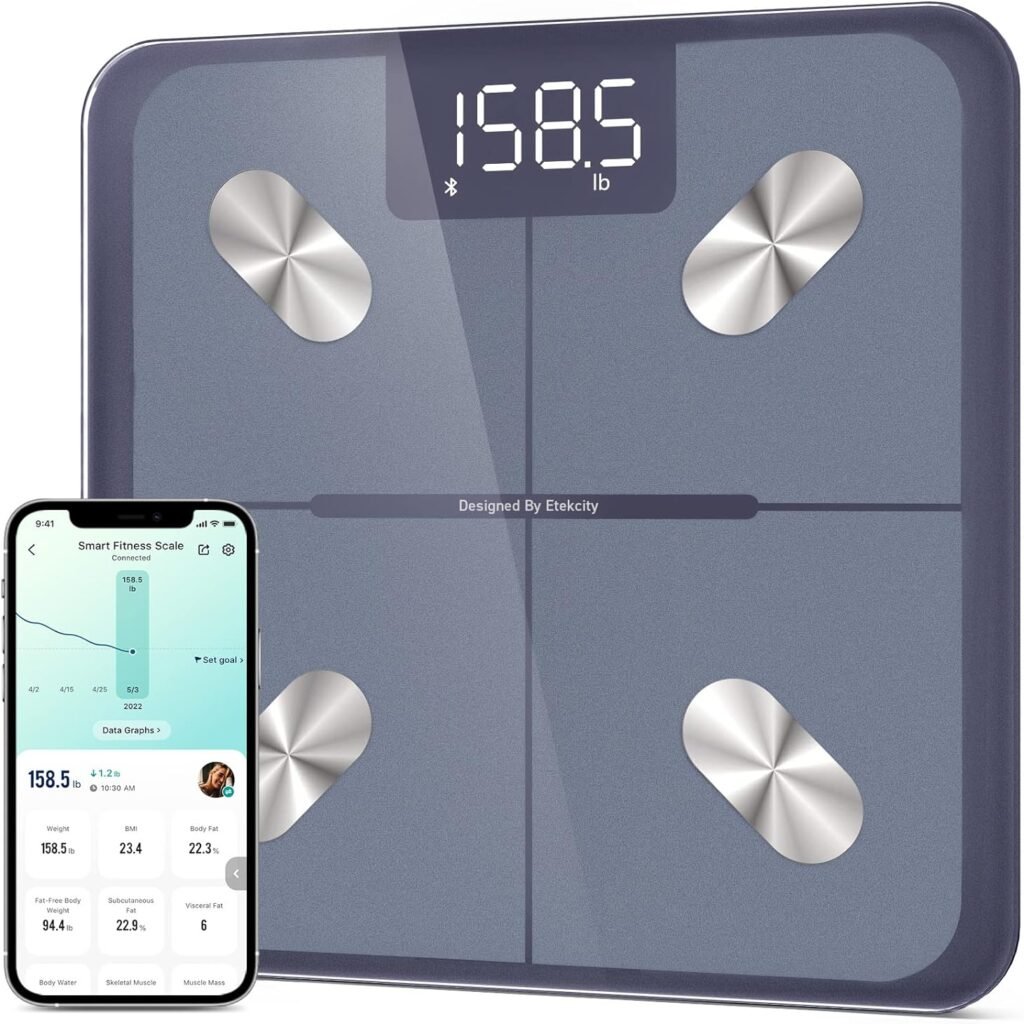 Etekcity Scales for Body Weight, Bathroom Digital Weight Scale for Body Fat, Smart Bluetooth Scale for BMI, and Weight Loss, Sync 13 Data with Other Fitness Apps, Black, 11x11 Inch