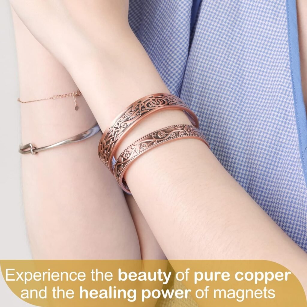 Feraco Copper Bracelet for Women Arthritis  Joint, Magnetic Bracelets for Women Pain Relief, 99.99% Pure Copper Cuff Bangle with 3500 Gauss Healing Magnets, Adjustable, Vintage Flower Collection