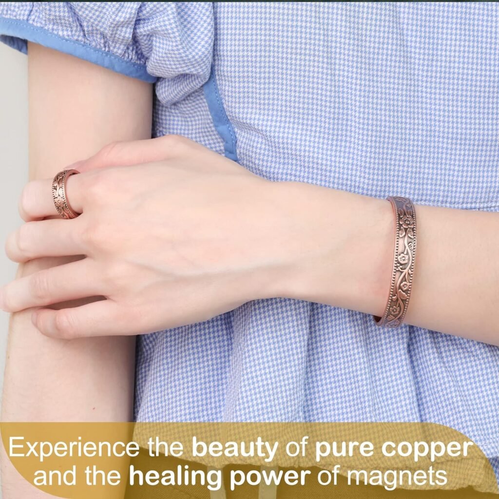 Feraco Copper Bracelet for Women Arthritis  Joint, Magnetic Bracelets for Women Pain Relief, 99.99% Pure Copper Cuff Bangle with 3500 Gauss Healing Magnets, Adjustable, Vintage Flower Collection