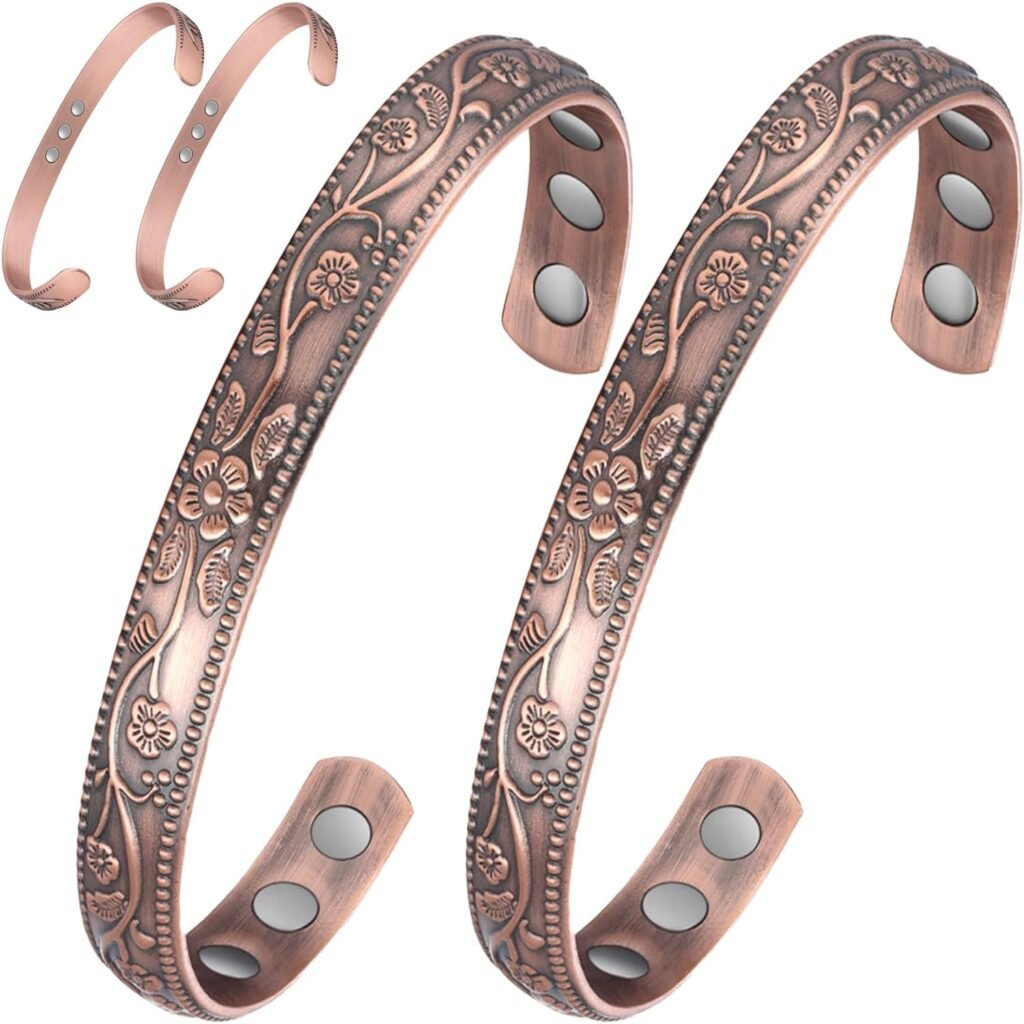 Feraco Copper Bracelet for Women Arthritis  Joint, Magnetic Bracelets for Women Pain Relief, 99.99% Pure Copper Cuff Bangle with 3500 Gauss Healing Magnets, Adjustable, Vintage Flower Collection