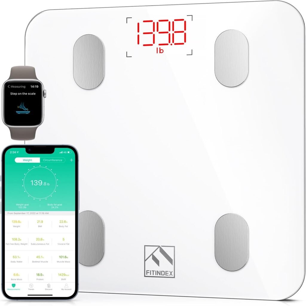 FITINDEX Smart Scale for Body Weight, Digital Bathroom Scale BMI Body Fat Scale Bluetooth Weighting Health Monitor, Accurate Body Composition Analyzer, 400lb, White