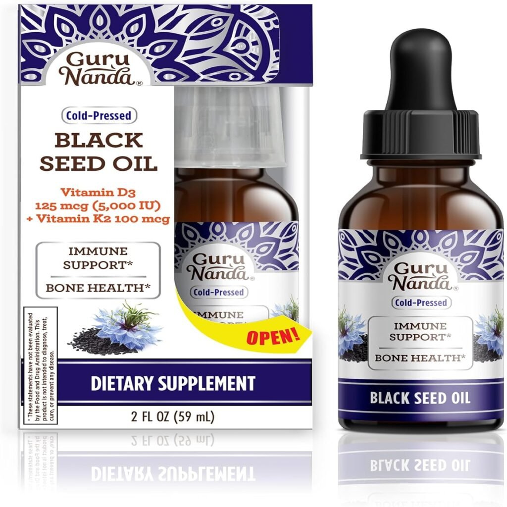 GuruNanda Black Seed Oil, Cold-Pressed Nigella Sativa - Rich in Vitamin D3 5000 Units, K2  E, High Thymoquinone | Potent Antioxidant for Immune Support, Non-GMO, 2 Fl.oz