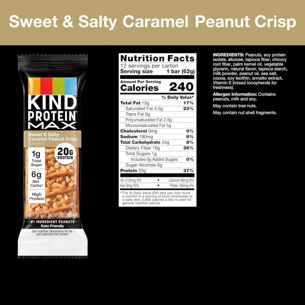 KIND Protein MAX Sweet  Salty Caramel Peanut Crisp Snack Bars, Keto Friendly, 20g Protein, 12 Count