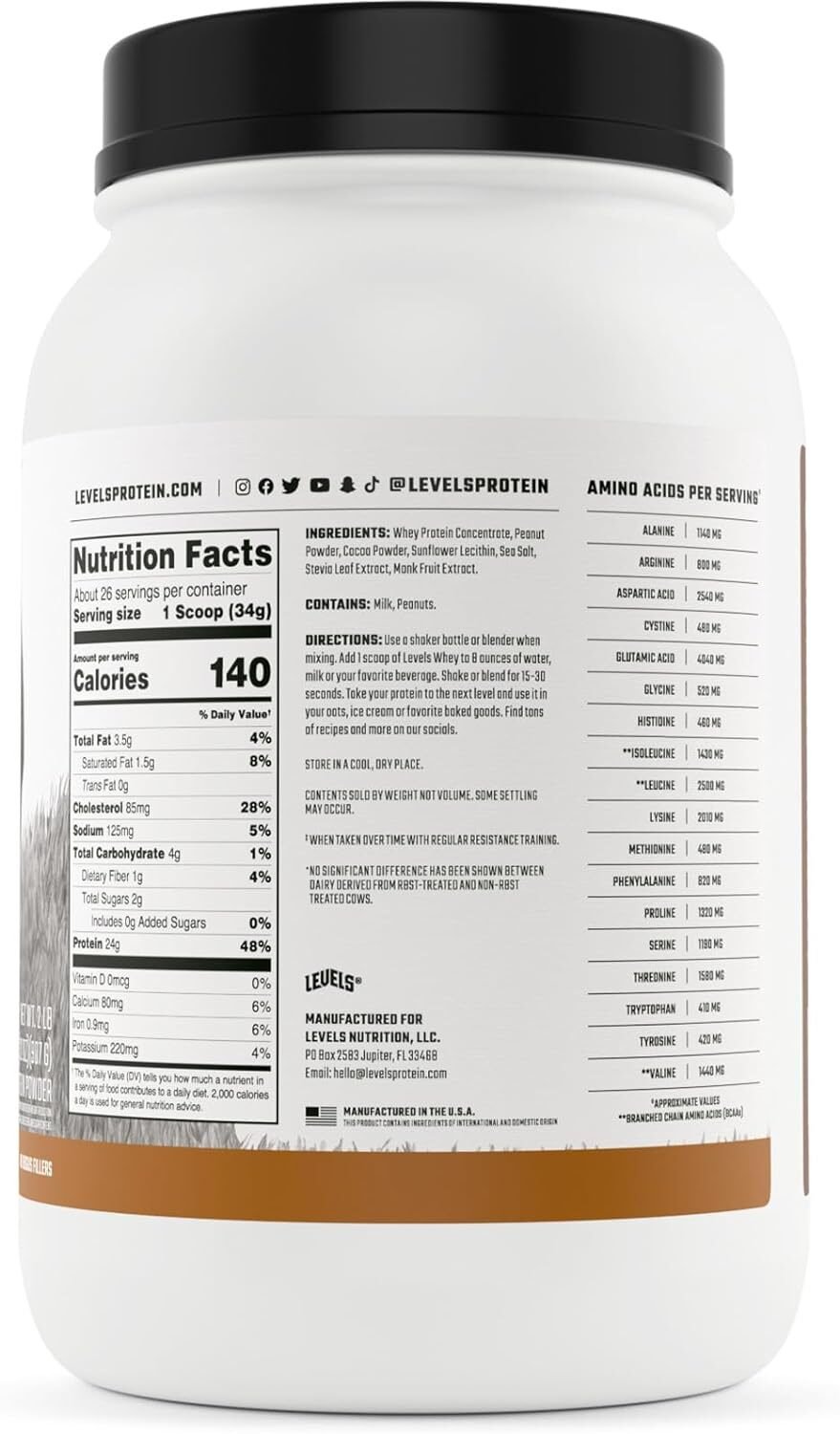 Levels Grass Fed 100% Whey Protein, No GMOs, Chocolate Peanut Butter, 2LB