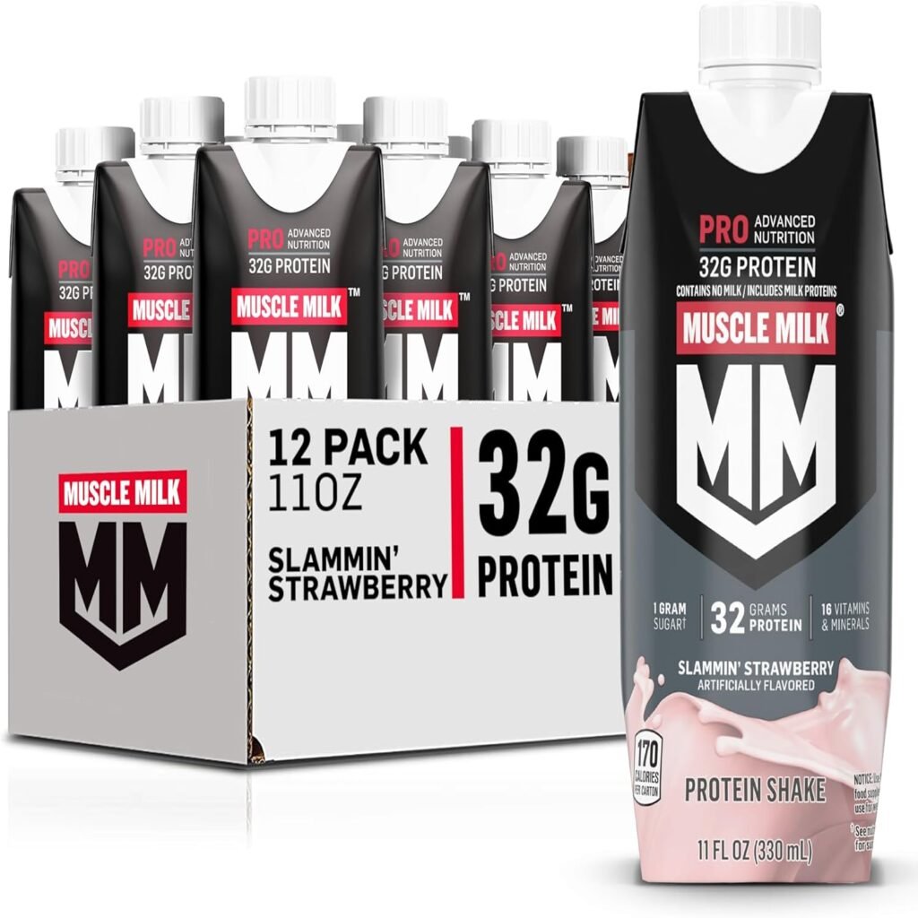 Muscle Milk Pro Advanced Nutrition Protein Shake, Knockout Chocolate, 11.16 Fl Oz (Pack of 12), 32g Protein, 1g Sugar, 16 Vitamins  Minerals, 5g Fiber, Workout Recovery, Energizing Snack, Packaging May Vary