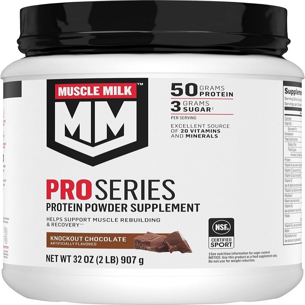 Muscle Milk Pro Series Protein Powder Supplement, Knockout Chocolate, 5 Pound, 28 Servings, 50g Protein, 3g Sugar, 20 Vitamins  Minerals, NSF Certified for Sport, Workout Recovery