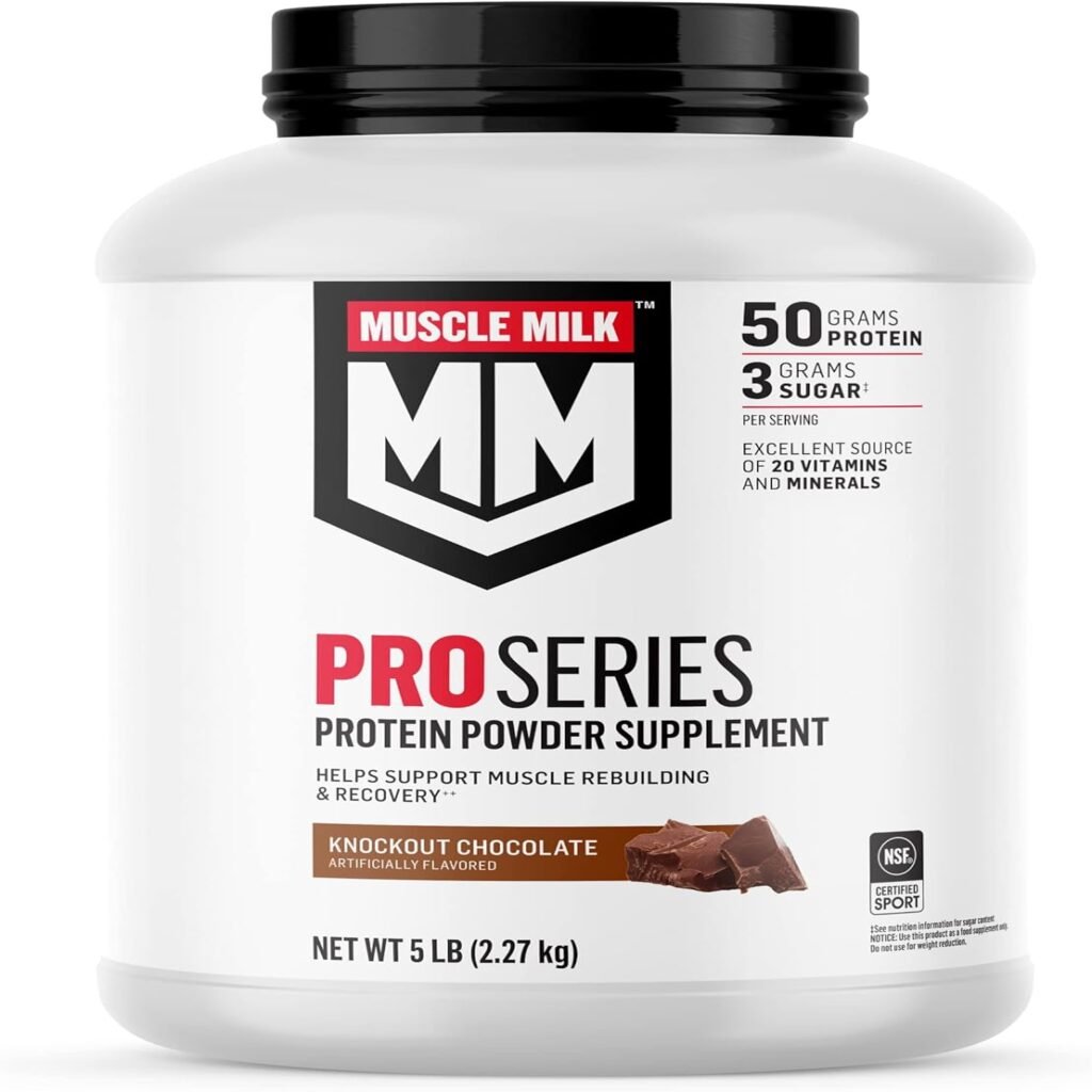 Muscle Milk Pro Series Protein Powder Supplement, Knockout Chocolate, 5 Pound, 28 Servings, 50g Protein, 3g Sugar, 20 Vitamins  Minerals, NSF Certified for Sport, Workout Recovery