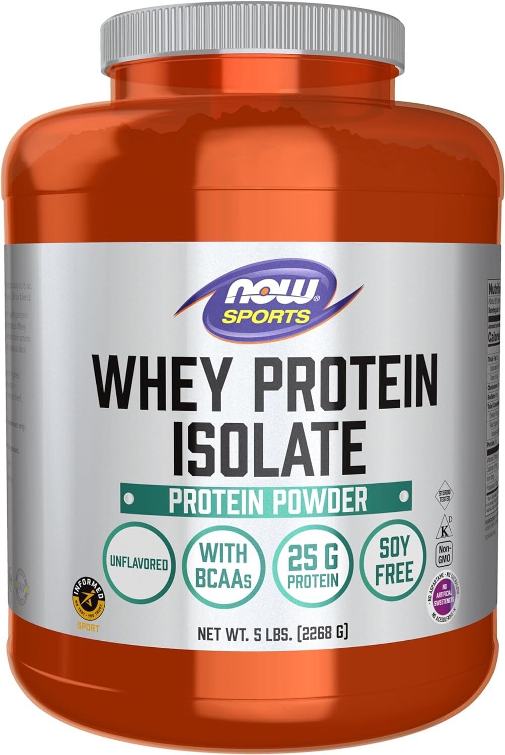 NOW Sports Nutrition, Whey Protein Isolate, 25 g With BCAAs, Unflavored Powder, 5-Pound