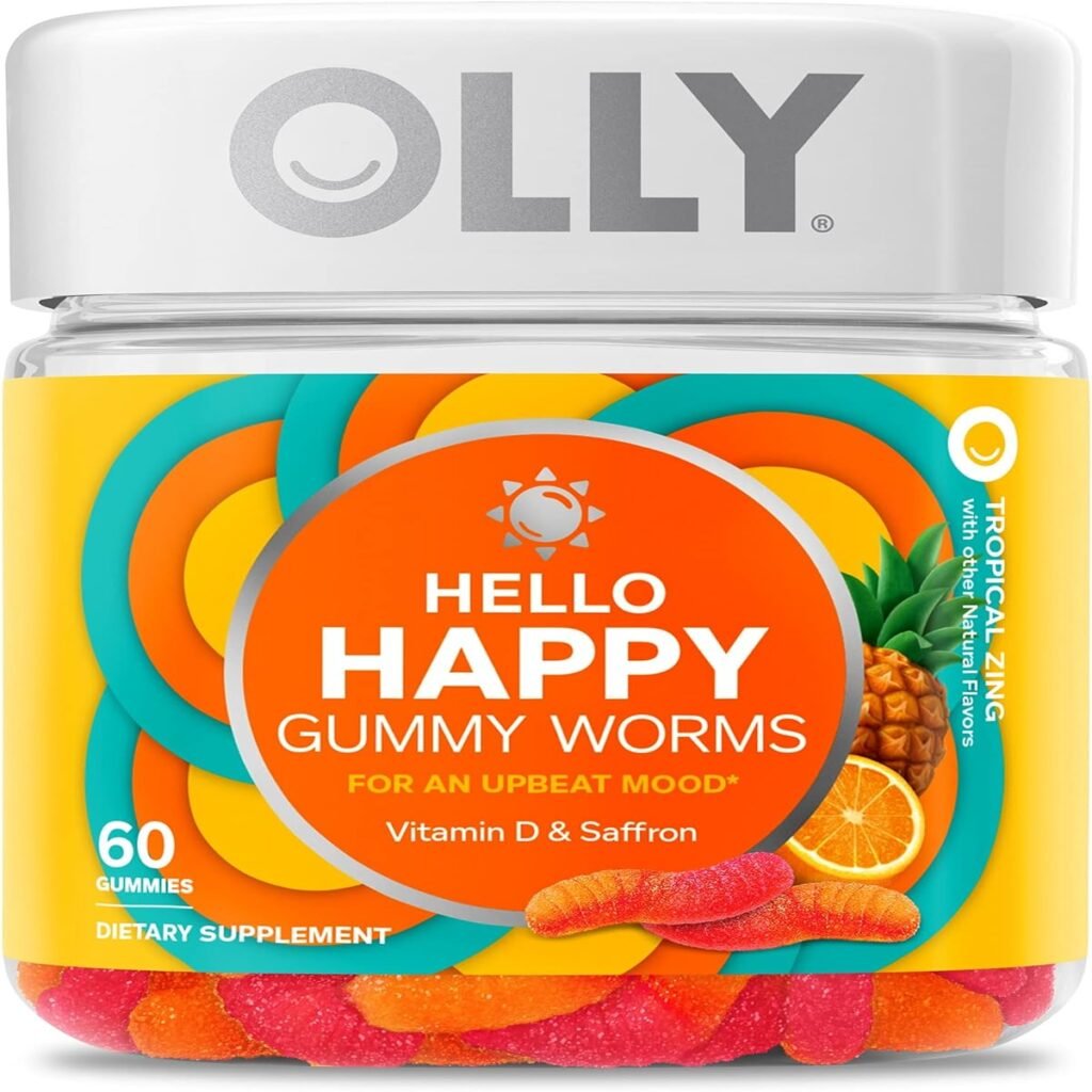 OLLY Hello Happy Gummy Worms, Mood Balance Support, Vitamin D, Saffron, Adult Chewable Supplement  Extra Strength Daily Energy Gummy, Caffeine Free, 1000mcg Vitamin B12, CoQ10, Goji Berry