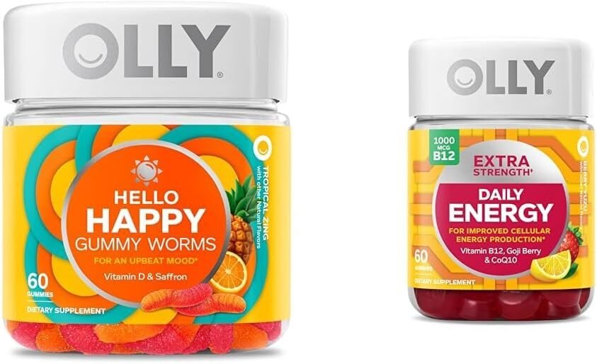 OLLY Hello Happy Gummy Worms, Mood Balance Support, Vitamin D, Saffron, Adult Chewable Supplement  Extra Strength Daily Energy Gummy, Caffeine Free, 1000mcg Vitamin B12, CoQ10, Goji Berry