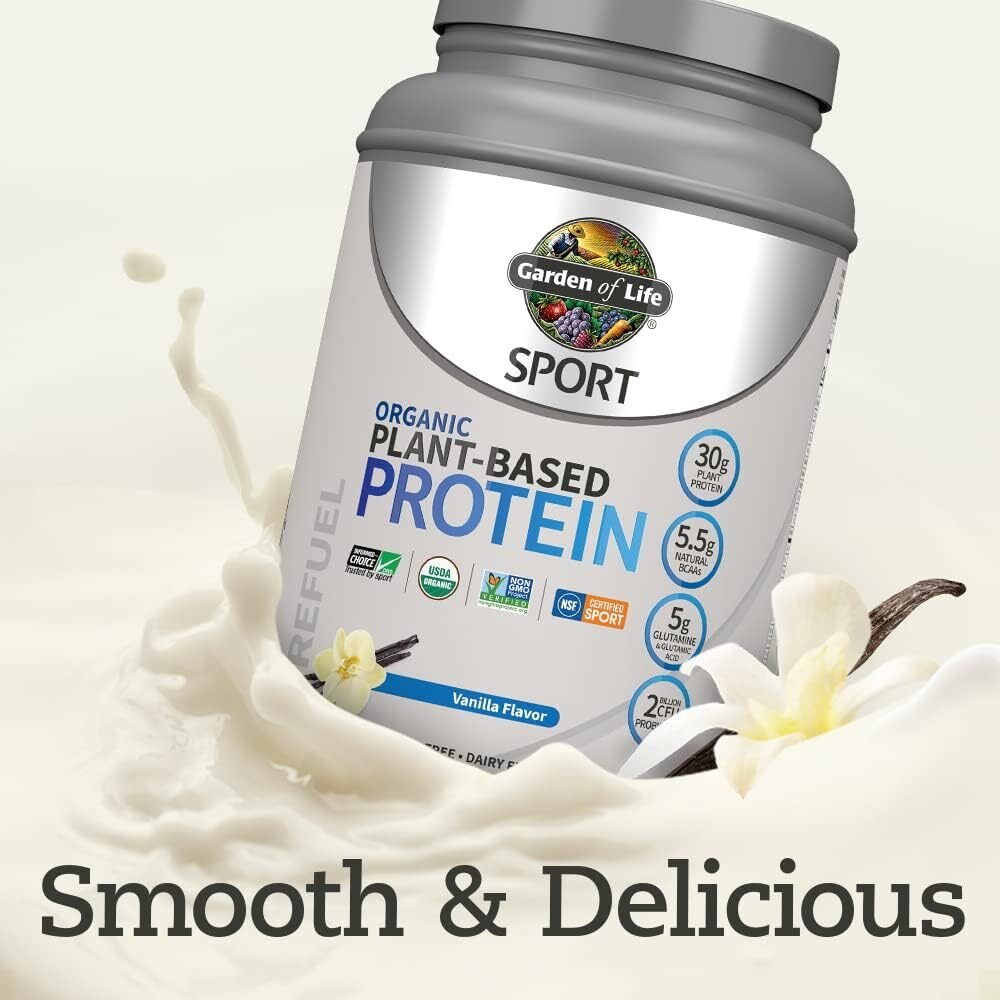 Organic Vegan Sport Protein Powder, Vanilla - Probiotics, BCAAs, 30g Plant Protein for Premium Post Workout Recovery - NSF Certified, Keto, Gluten  Dairy Free, Non GMO - Garden of Life - 19 Servings