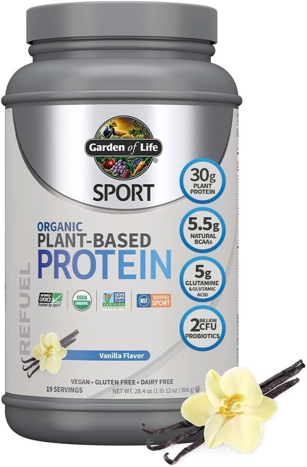 Organic Vegan Sport Protein Powder, Vanilla - Probiotics, BCAAs, 30g Plant Protein for Premium Post Workout Recovery - NSF Certified, Keto, Gluten  Dairy Free, Non GMO - Garden of Life - 19 Servings