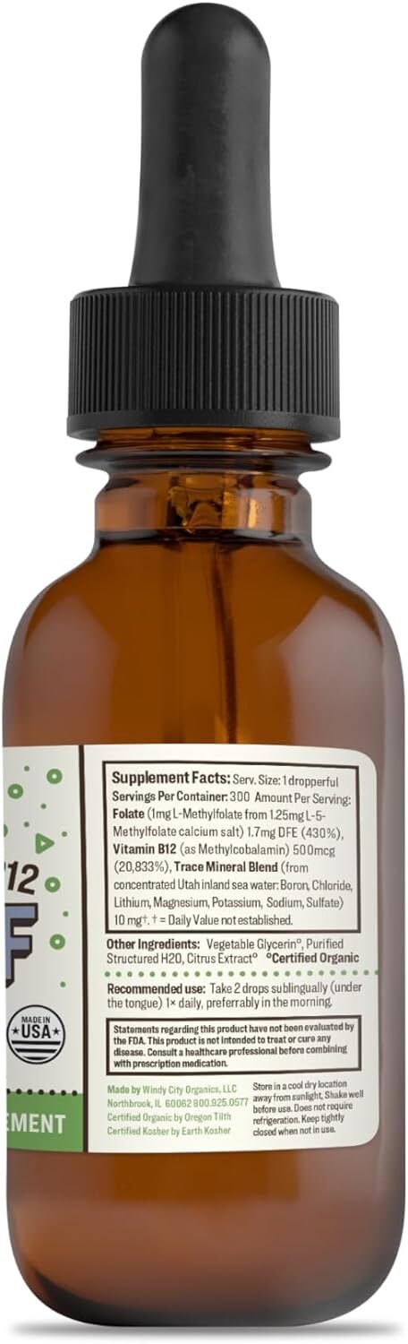 RawGuru Organic Methylfolate 1mg + B12 Complex - Cognitive Support and Immunity Boost Tincture - 30 ml. Vegan Drops