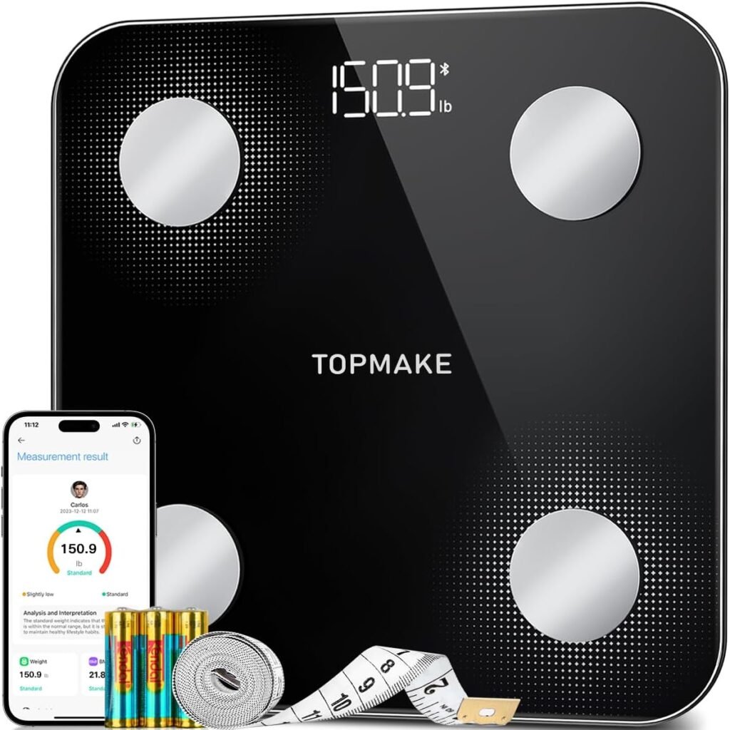 TOPMAKE 【Upgrade】 Scale for Body Weight, Digital Bathroom Scale BMI Weighing Body Fat Scale, 25 Body Composition Analyzer with App sync with Bluetooth, Batteries and Tape Measure Included, Black