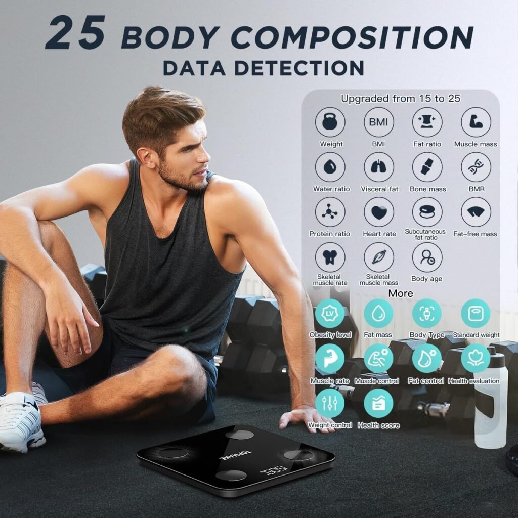 TOPMAKE 【Upgrade】 Scale for Body Weight, Digital Bathroom Scale BMI Weighing Body Fat Scale, 25 Body Composition Analyzer with App sync with Bluetooth, Batteries and Tape Measure Included, Black