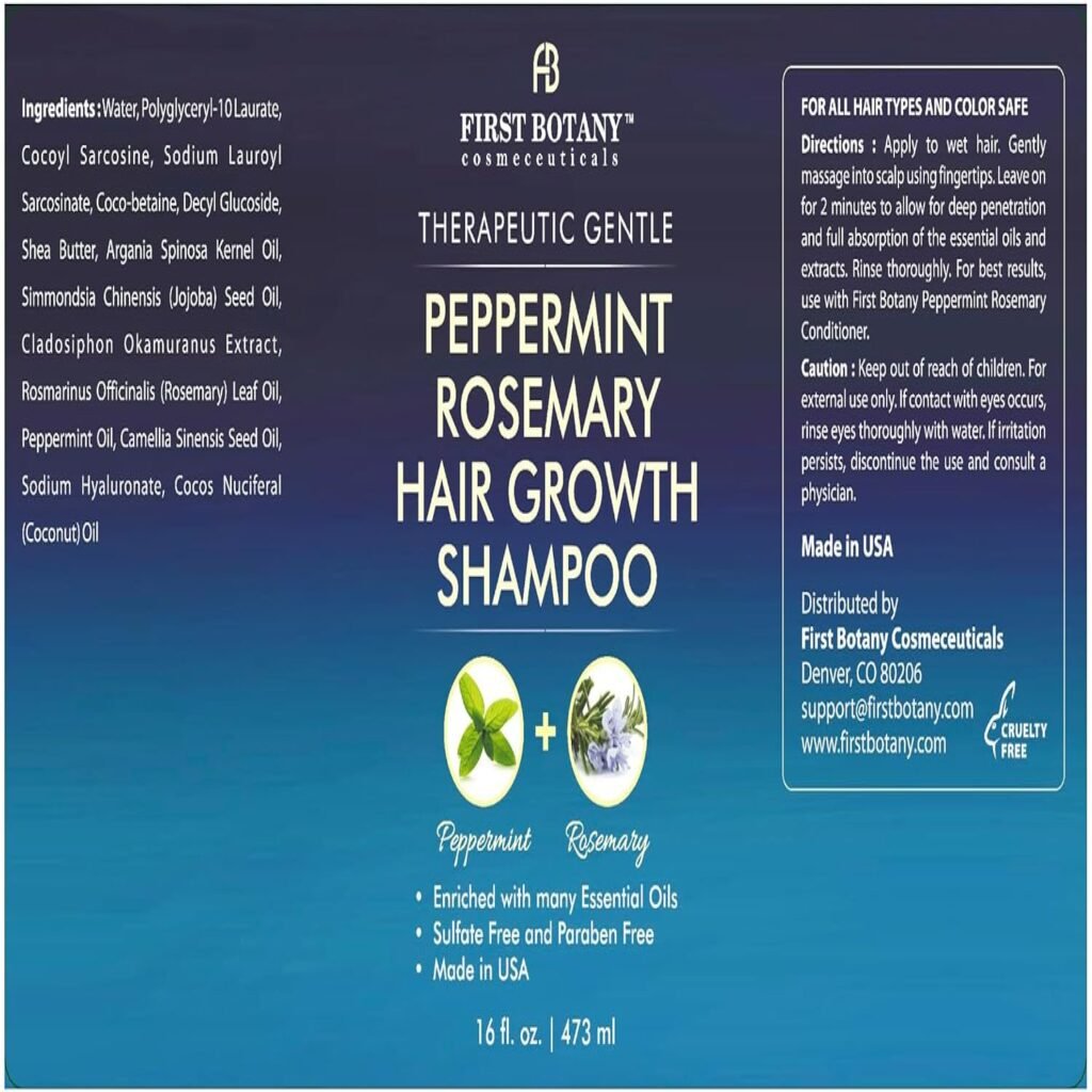 First Botany, Peppermint Rosemary Hair Regrowth and Anti Hair Loss Shampoo and Conditioner Set - Daily Hydrating, Detoxifying, Volumizing Shampoo and Fights Dandruff For Men and Women 16 fl oz x 2