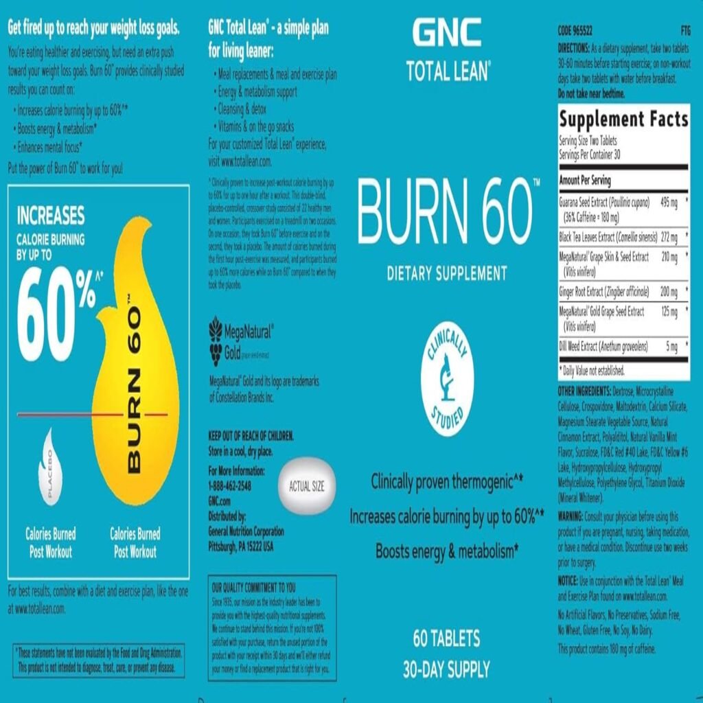 GNC Total Lean Burn 60 - Cinnamon Flavored, 60 Tablets per Bottle, Thermogenic to Increase Energy and Metabolism