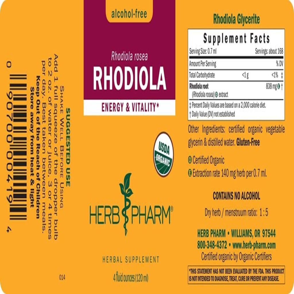 Herb Pharm Certified Organic Rhodiola Root Extract for Energy, Endurance and Stamina, Organic Cane Alcohol, 1 Ounce (090700003555)