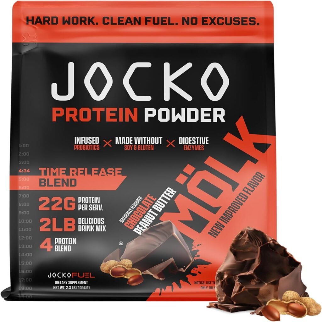 Jocko Mölk Whey Protein Powder - Keto, Probiotics, Grass Fed, Digestive Enzymes, Amino Acids, Sugar Free Monk Fruit Blend - Supports Muscle Recovery  Growth (2 LB, Chocolate Peanut Butter)