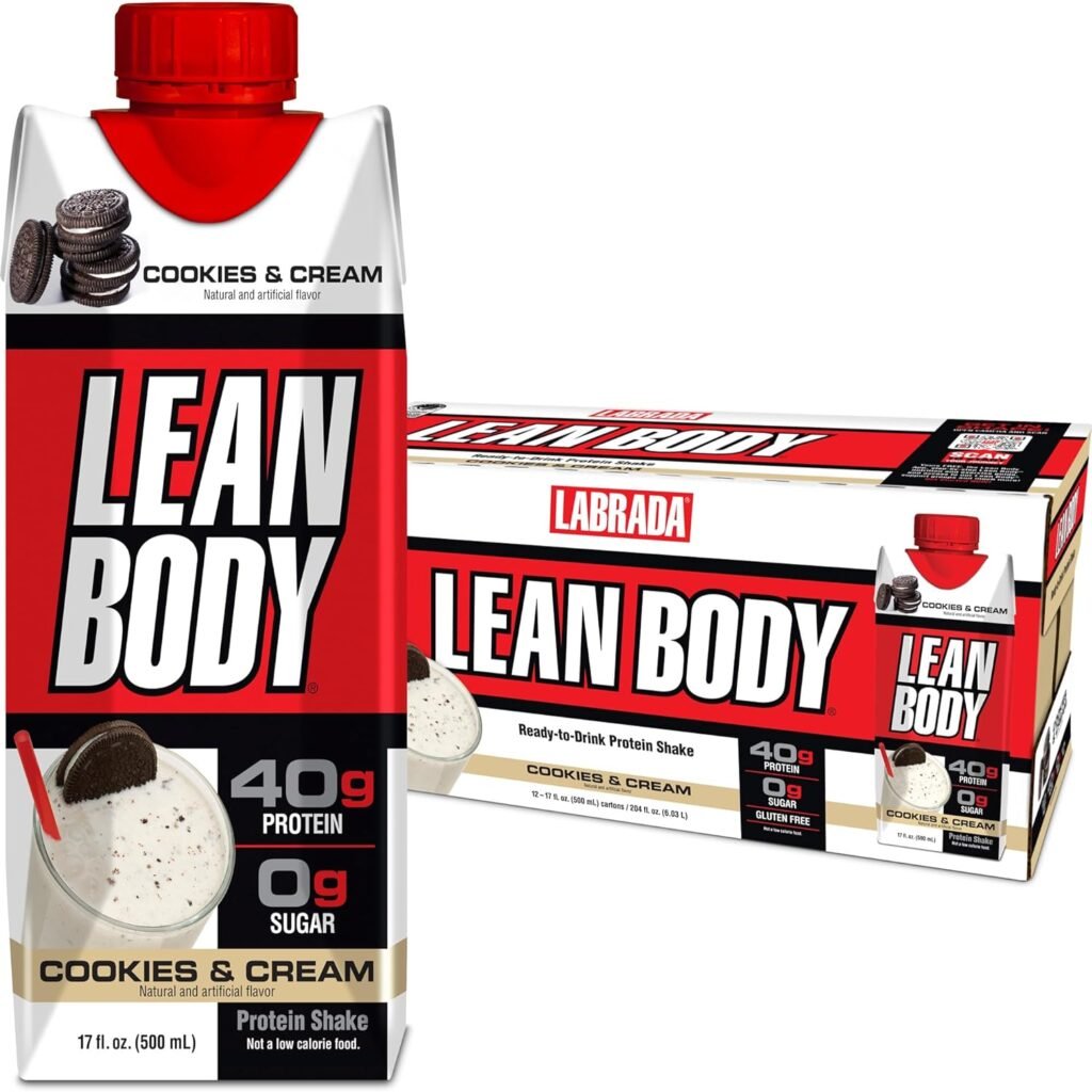 Lean Body Ready-to-Drink Cookies and Cream Protein Shake, 40g Protein, Whey Blend , 0 Sugar, Gluten No, 22 Vitamins  Minerals, (Recyclable Carton  Lid - Pack of 12) LABRADA , 17 Fl Oz (Pack of 12)