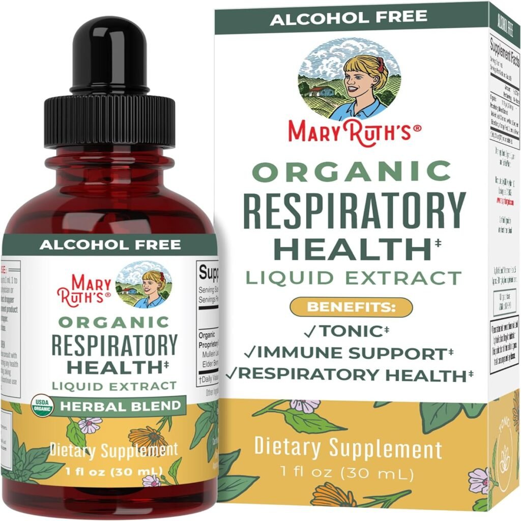 MaryRuth Organics USDA Organic Respiratory Health Liquid Drops with Mullein Leaf, Marshmallow Root  Elderberry, Mullein for Lungs Herbal Blend, Immune Support Supplement, Non-GMO, Vegan, 1 Fl Oz