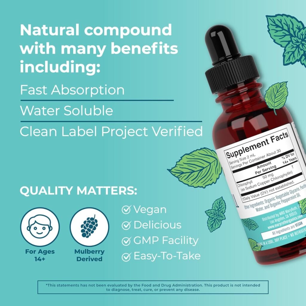 MaryRuths Chlorophyll Liquid Drops | Clean Label Project Certified® | Vegan | Non-Diluted Liquid Chlorophyll| Mulberry Derived Supplement for Ages 14+ | Non-GMO | Delicious Minty Flavor | 2 Fl Oz