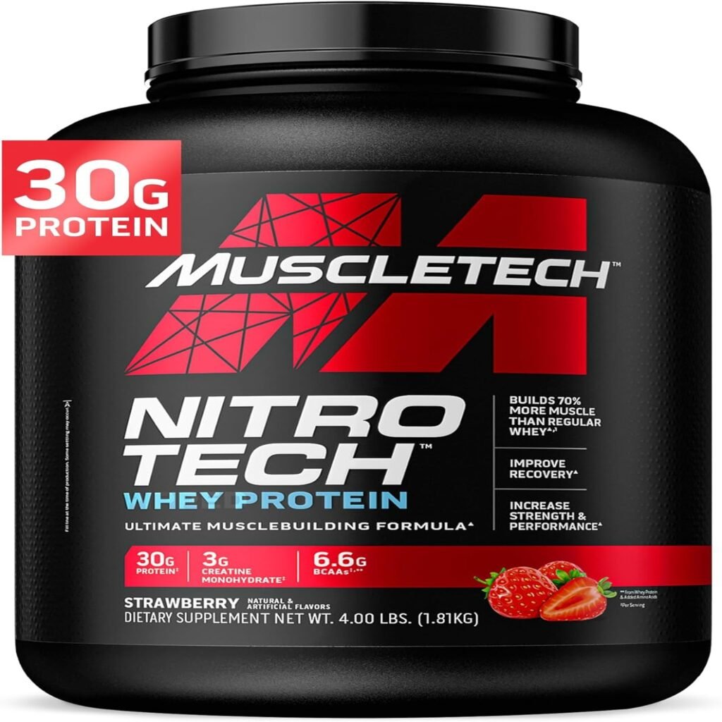 Muscletech Whey Protein Powder (Strawberry, 4 Pound) - Nitro-Tech Muscle Building Formula with Whey Protein Isolate  Peptides - 30g of Protein, 3g of Creatine  6.6g of BCAA