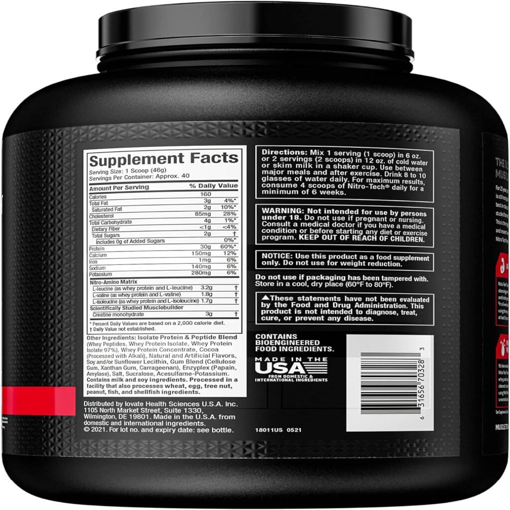 Muscletech Whey Protein Powder (Strawberry, 4 Pound) - Nitro-Tech Muscle Building Formula with Whey Protein Isolate  Peptides - 30g of Protein, 3g of Creatine  6.6g of BCAA