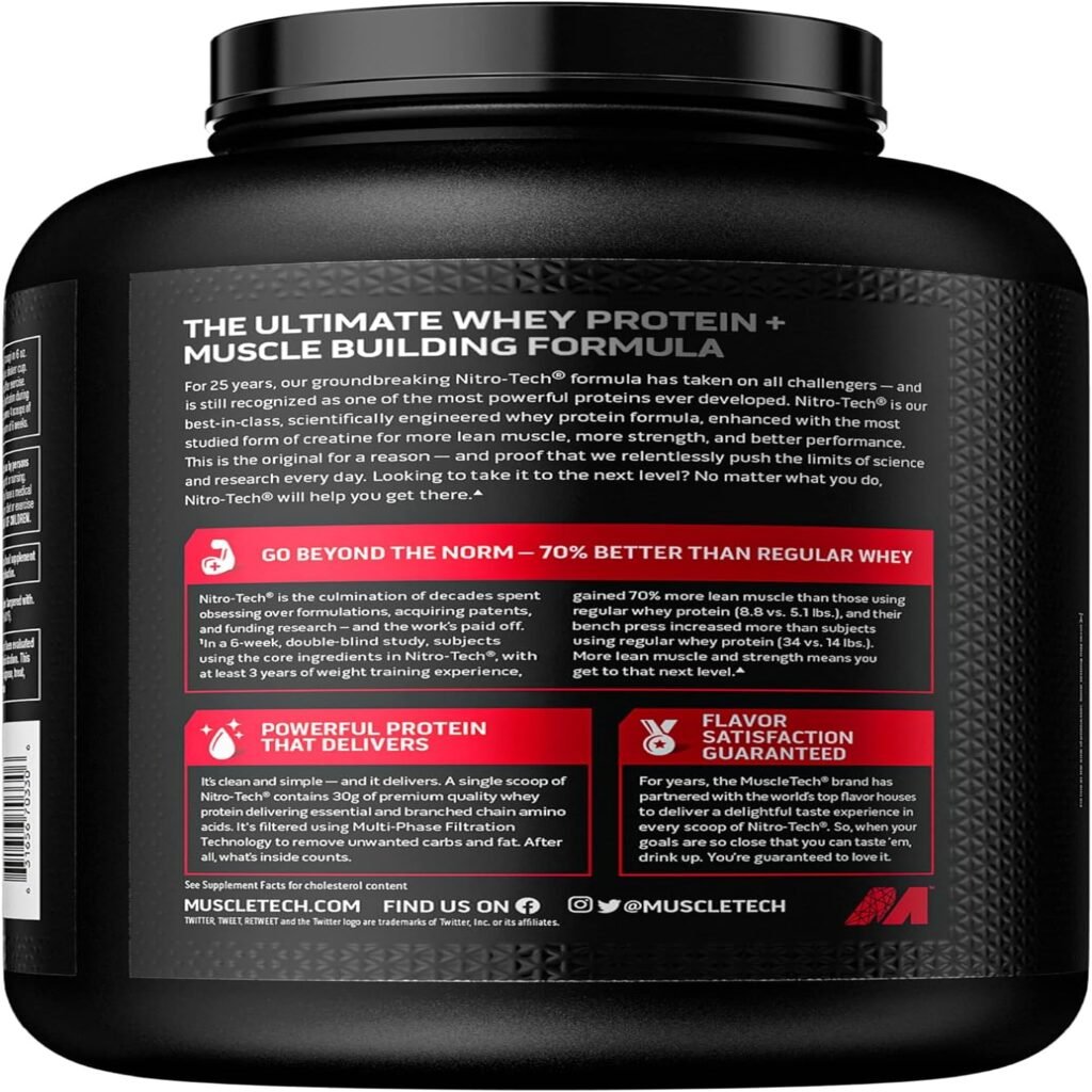 Muscletech Whey Protein Powder (Strawberry, 4 Pound) - Nitro-Tech Muscle Building Formula with Whey Protein Isolate  Peptides - 30g of Protein, 3g of Creatine  6.6g of BCAA