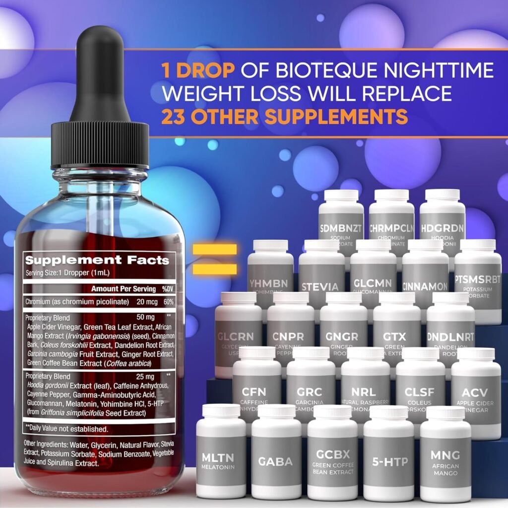 Night Time Weight Loss Diet Drops - Appetite Control, Fat Burner, Metabolism Booster - Apple Cider Vinegar - Cinnamon - Cayenne Pepper