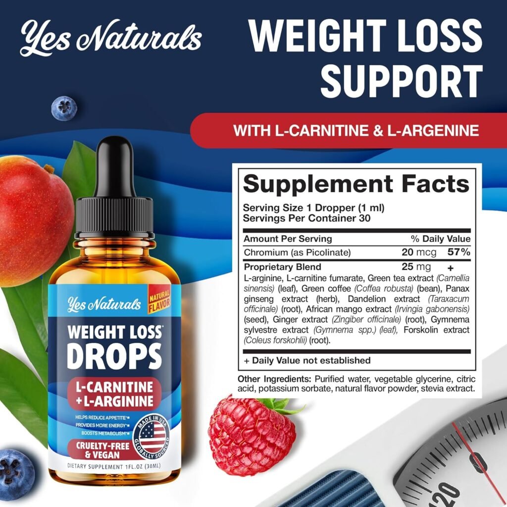 Weight Loss Drops - Natural Metabolism Booster  Appetite Suppressant - Made in USA - Diet Drops with L-Arginine  L-Glutamine, 1 Fl Oz