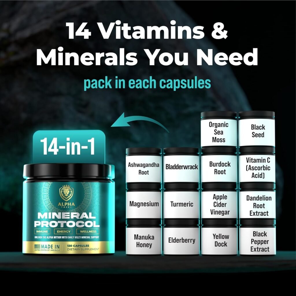 Alpha Tribe Mineral Protocol - Daily Multi-Mineral  Vitamin Capsules for Men | Organic Sea Moss, Black Seed Oil, Turmeric, Ashwagandha, Bladderwrack, Burdock, Vitamin C with Elderberry Manuka.