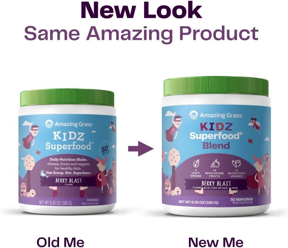 Amazing Grass Kidz Superfood: Organic Greens, Fruits, Veggies, Beet Root Powder  Probiotics for Healthy Kids, Berry Blast, 30 Servings