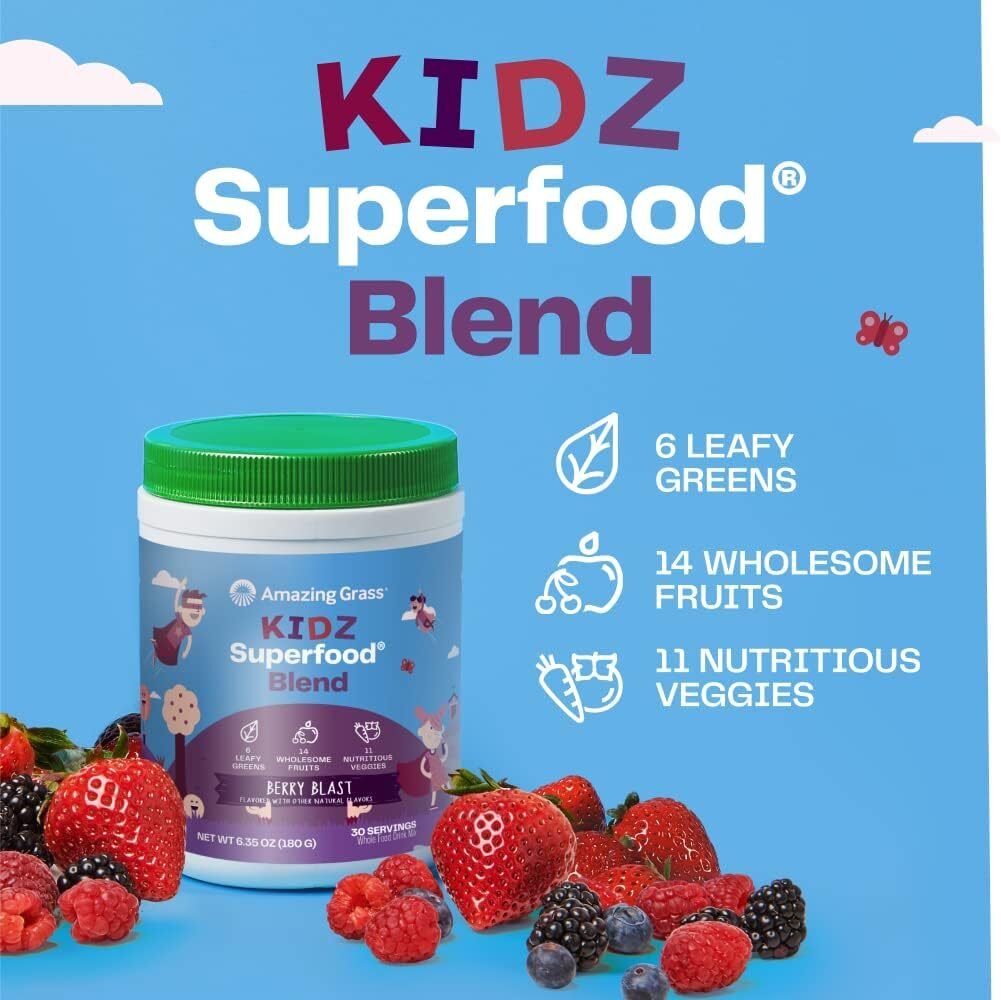 Amazing Grass Kidz Superfood: Organic Greens, Fruits, Veggies, Beet Root Powder  Probiotics for Healthy Kids, Berry Blast, 30 Servings