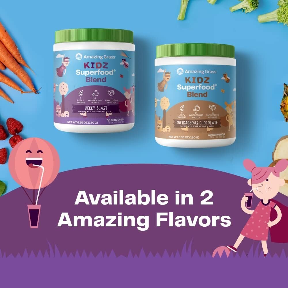 Amazing Grass Kidz Superfood: Organic Greens, Fruits, Veggies, Beet Root Powder  Probiotics for Healthy Kids, Berry Blast, 30 Servings