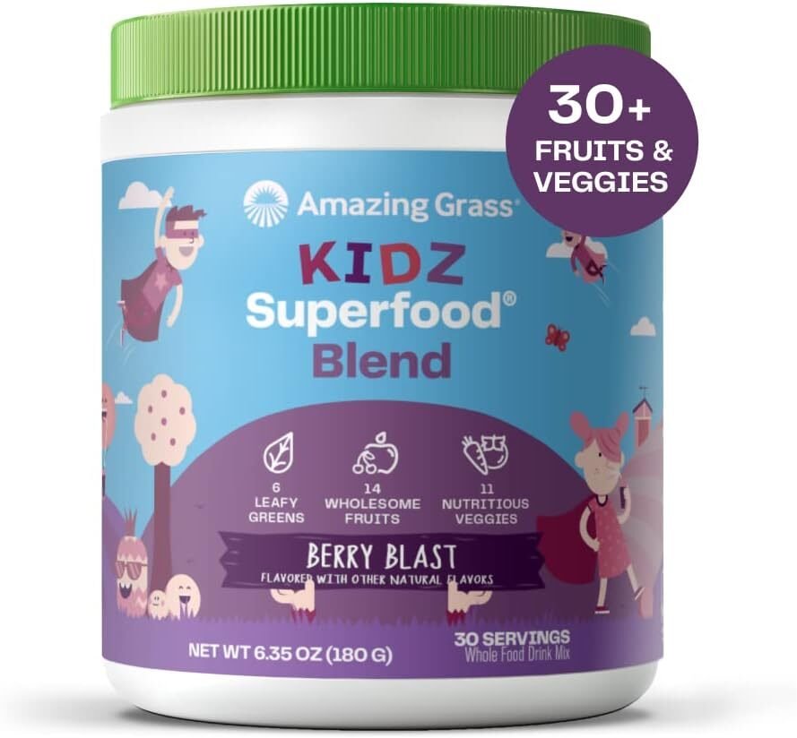 Amazing Grass Kidz Superfood: Organic Greens, Fruits, Veggies, Beet Root Powder  Probiotics for Healthy Kids, Berry Blast, 30 Servings