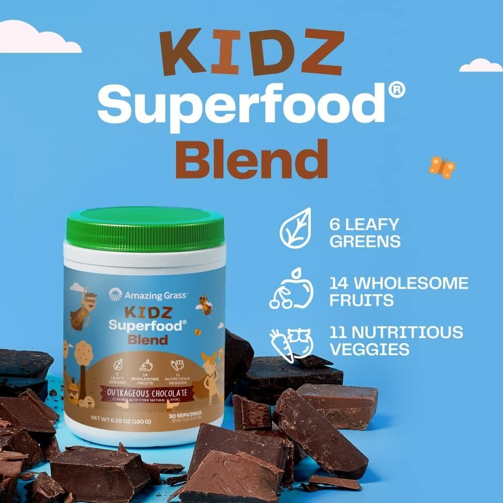 Amazing Grass Kidz Superfood: Organic Greens, Fruits, Veggies, Beet Root Powder  Probiotics for Healthy Kids, Outrageous Chocolate, 30 Servings, 6.35 Ounce (Pack of 1)