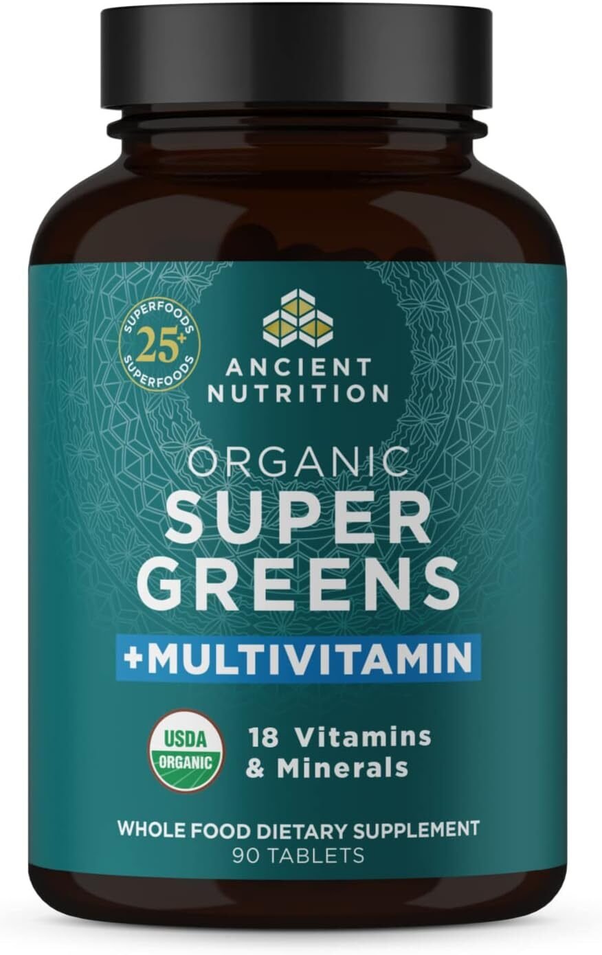 Ancient Nutrition Organic SuperGreens and Multivitamin Tablets with Probiotics, Made from Real Fruits, Vegetables and Herbs, for Digestive, Detoxification and Energy Support, 90 Count