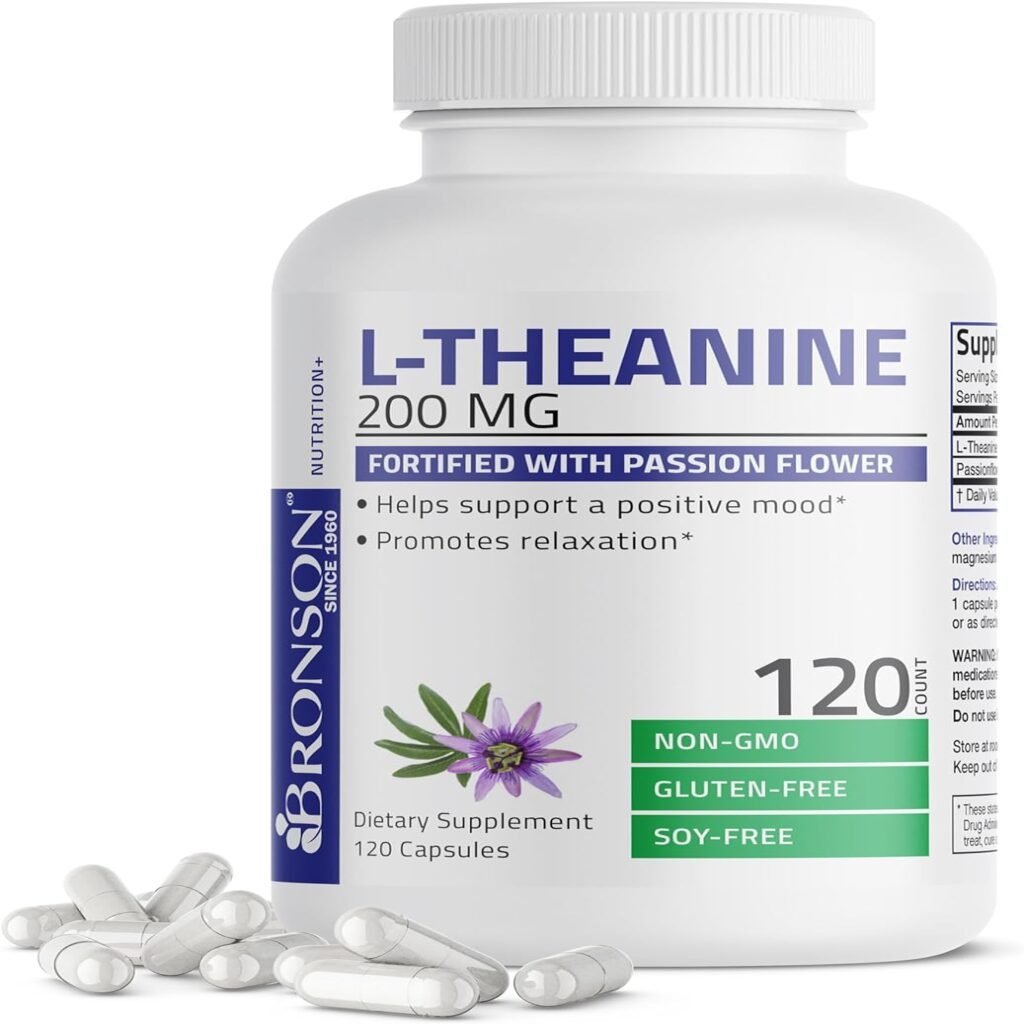 Bronson L-Theanine 200mg (Double-Strength) with Passion Flower Herb, Non-GMO Gluten-Free Soy-Free Stress Management Supplement, 120 Capsules