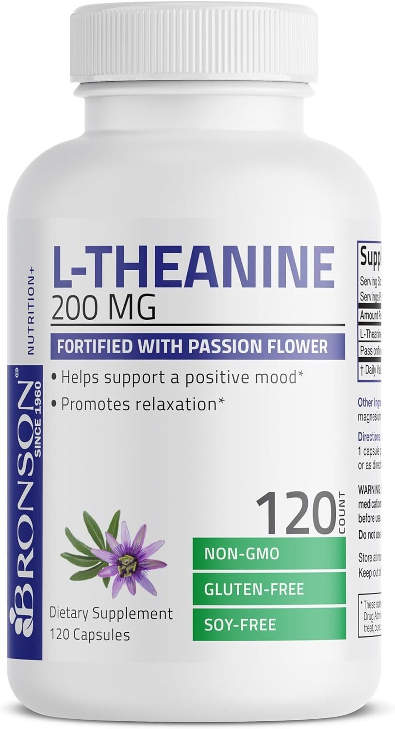 Bronson L-Theanine 200mg (Double-Strength) with Passion Flower Herb, Non-GMO Gluten-Free Soy-Free Stress Management Supplement, 120 Capsules