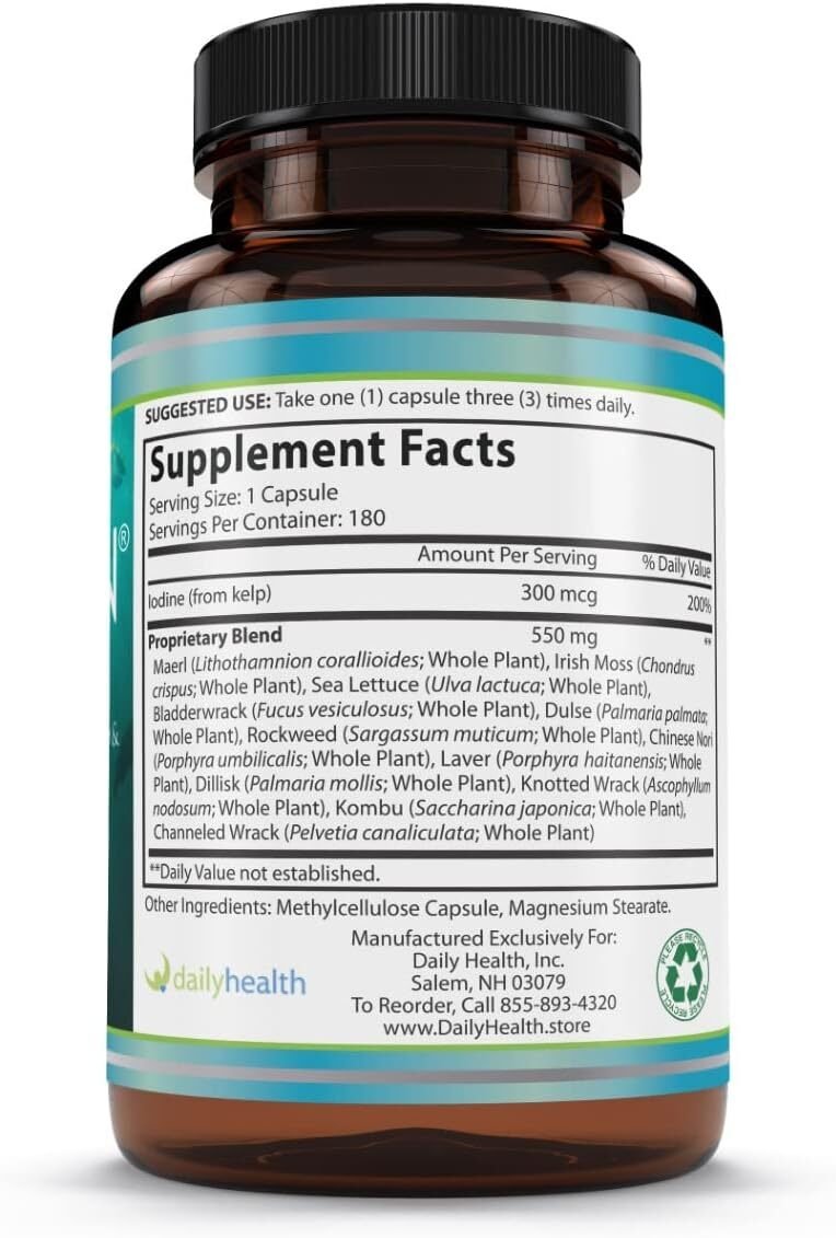 Daily Health, Seatrition Immune Thyroid Support Pure 12 Whole Seaweed Plants Vegan Friendly Natural Multi Vitamin Sea Minerals Wholefood Nutrition Supplement 180 Veg Capsules (2 Month Supply)