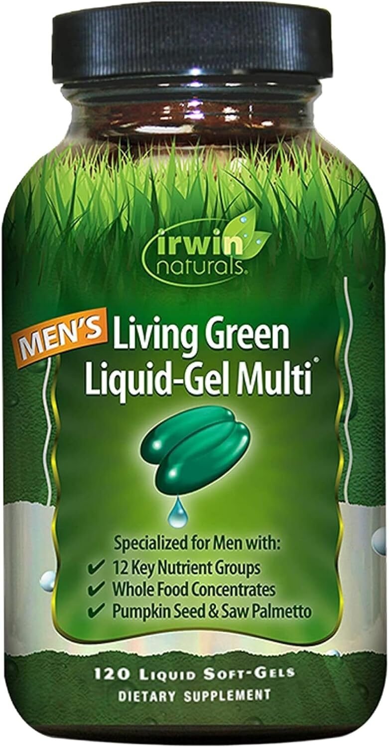 Irwin Naturals Mens Living Green Liquid-Gel Multi - 70 Essential Nutrients, Full-Spectrum Vitamins, Wholefood Blend - Targeted Adrenal  Brain Support - 120 Liquid Softgels