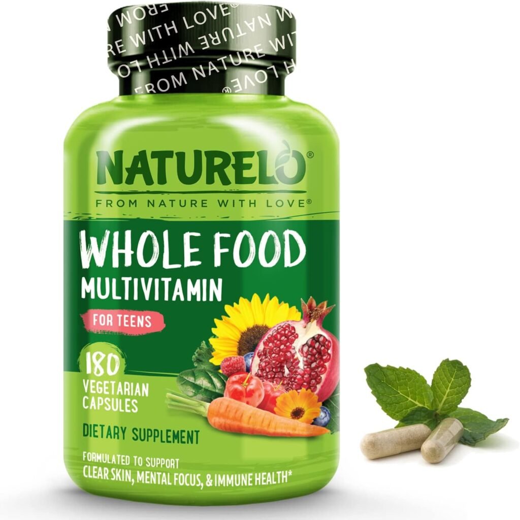 NATURELO Whole Food Multivitamin for Teens - Vitamins and Minerals for Teenage Boys and Girls - Supplement for Active Kids - with Organic Whole Foods - Non-GMO - Vegan  Vegetarian - 180 Capsules